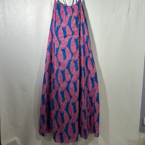 Vineyard Vines Palm Print Maxi Dress Sz 8 Blue Pink Strappy Tropical Boho Summer - Picture 6 of 14